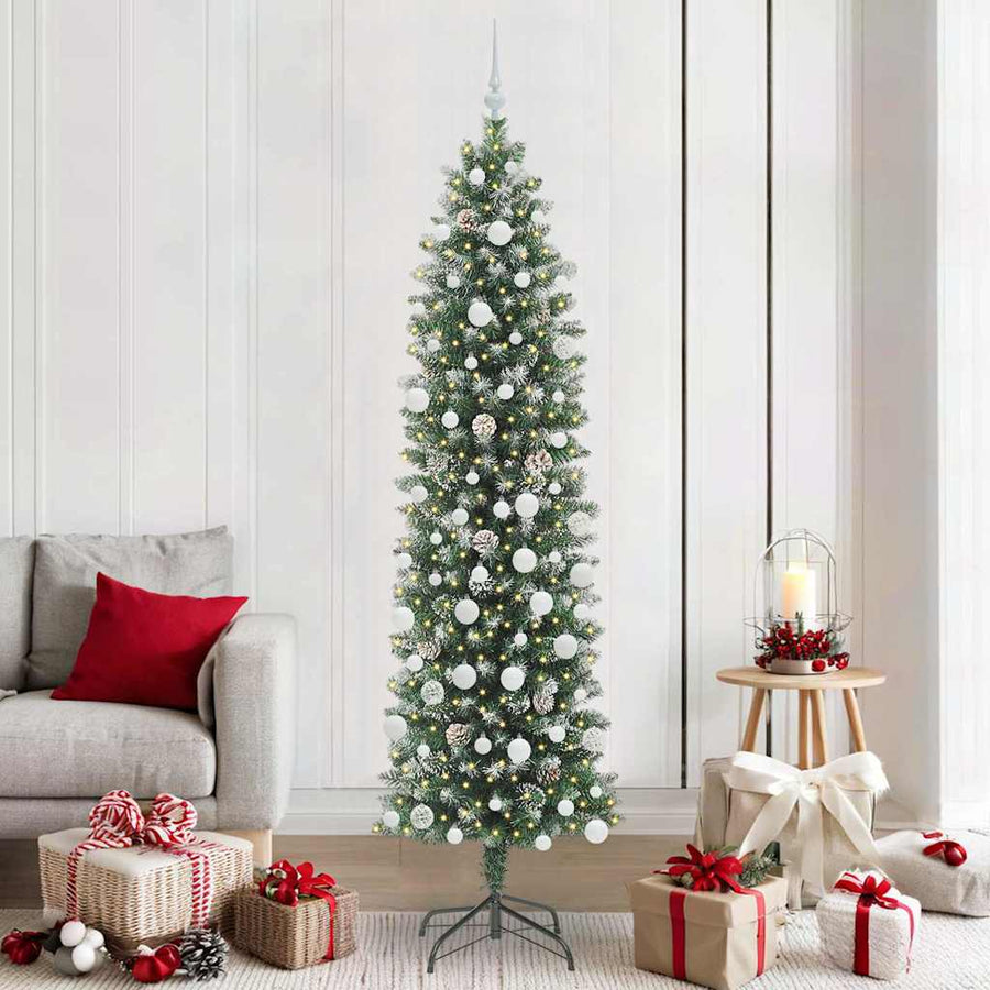 Kunstmatige slanke kerstboom met 300 LED Groen en wit 210 cm