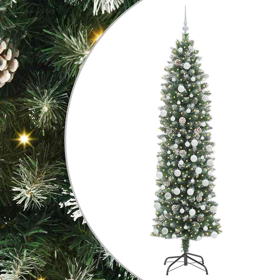 Kunstmatige slanke kerstboom met 300 LED Groen en wit 210 cm