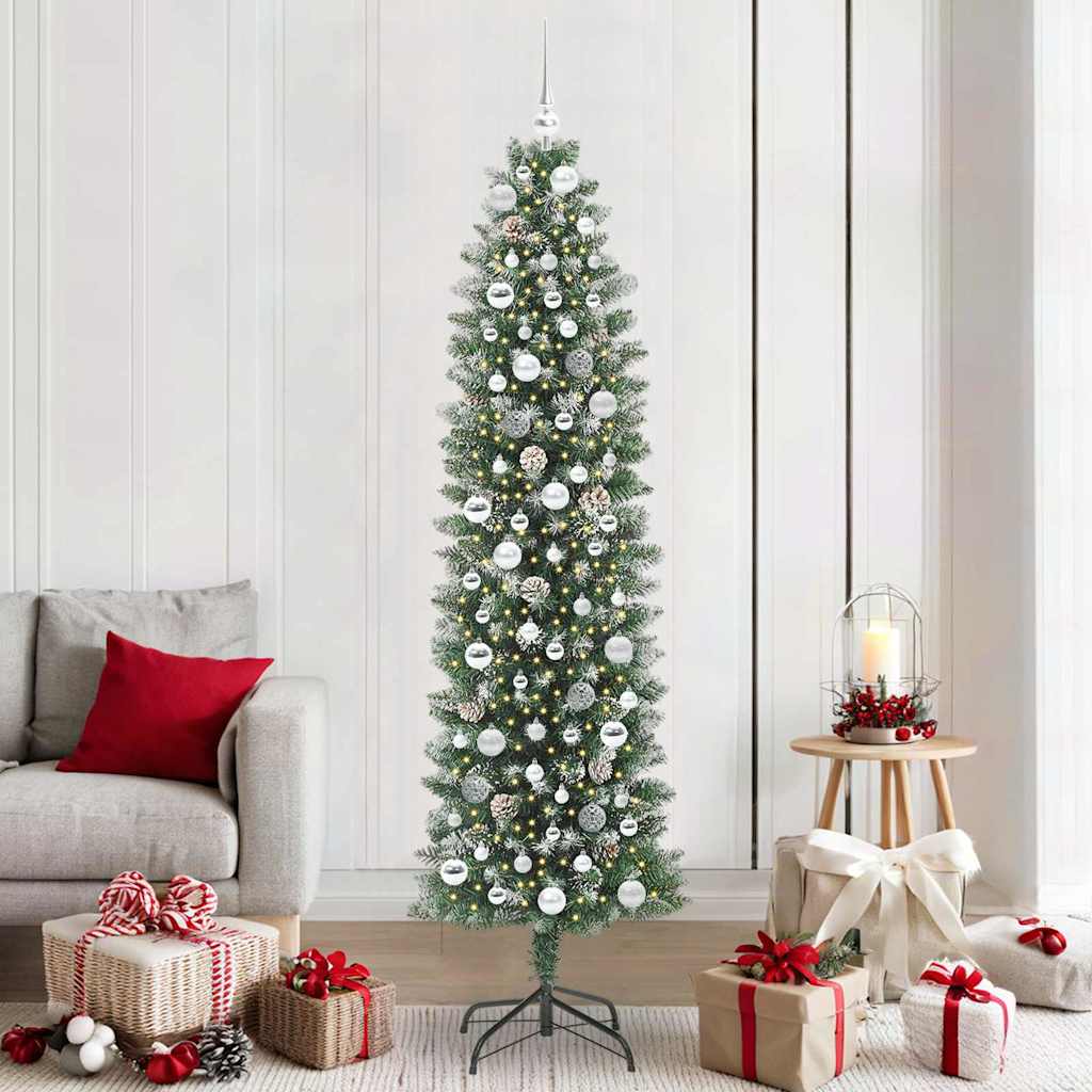 Kunstmatige slanke kerstboom met 300 LED Groen en wit 210 cm