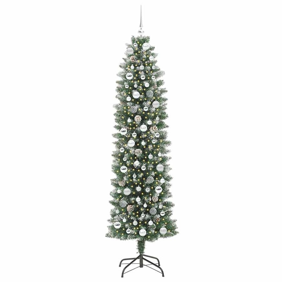 Kunstmatige slanke kerstboom met 300 LED Groen en wit 210 cm