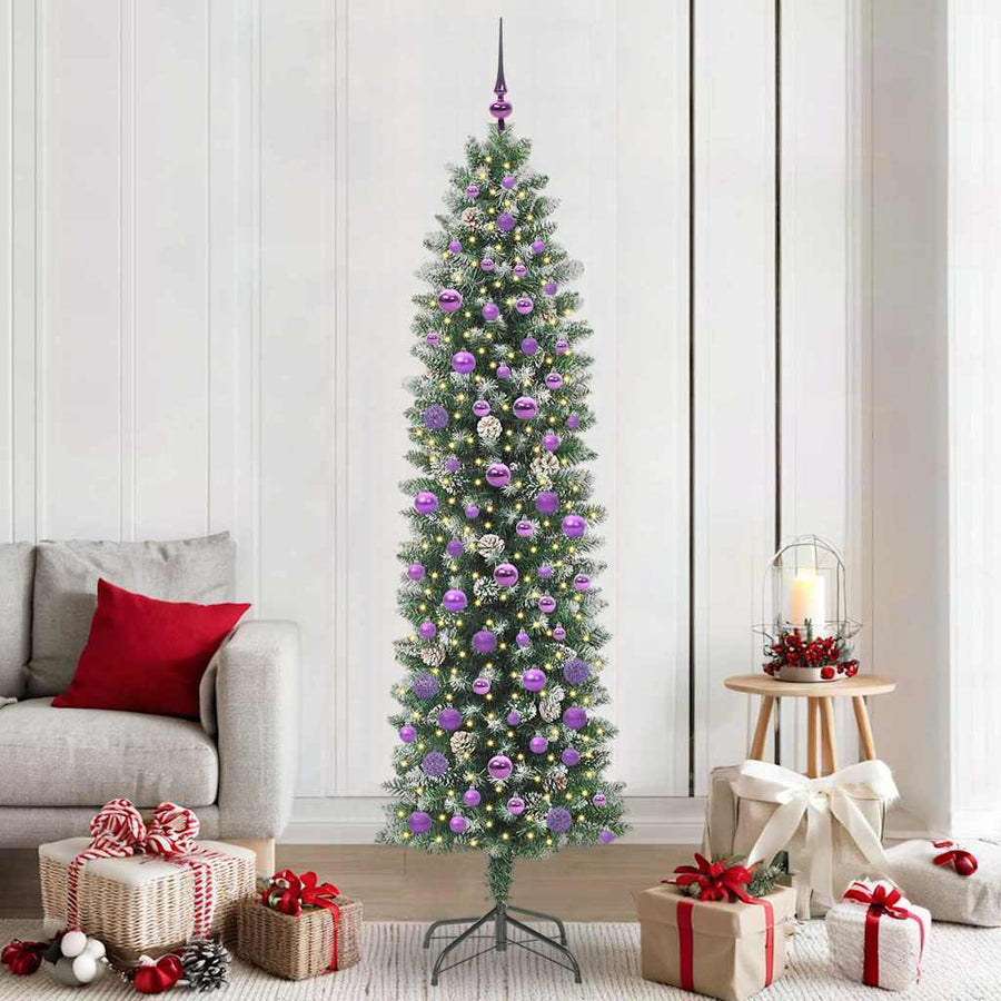 Kunstmatige slanke kerstboom met 300 LED Groen en wit 210 cm