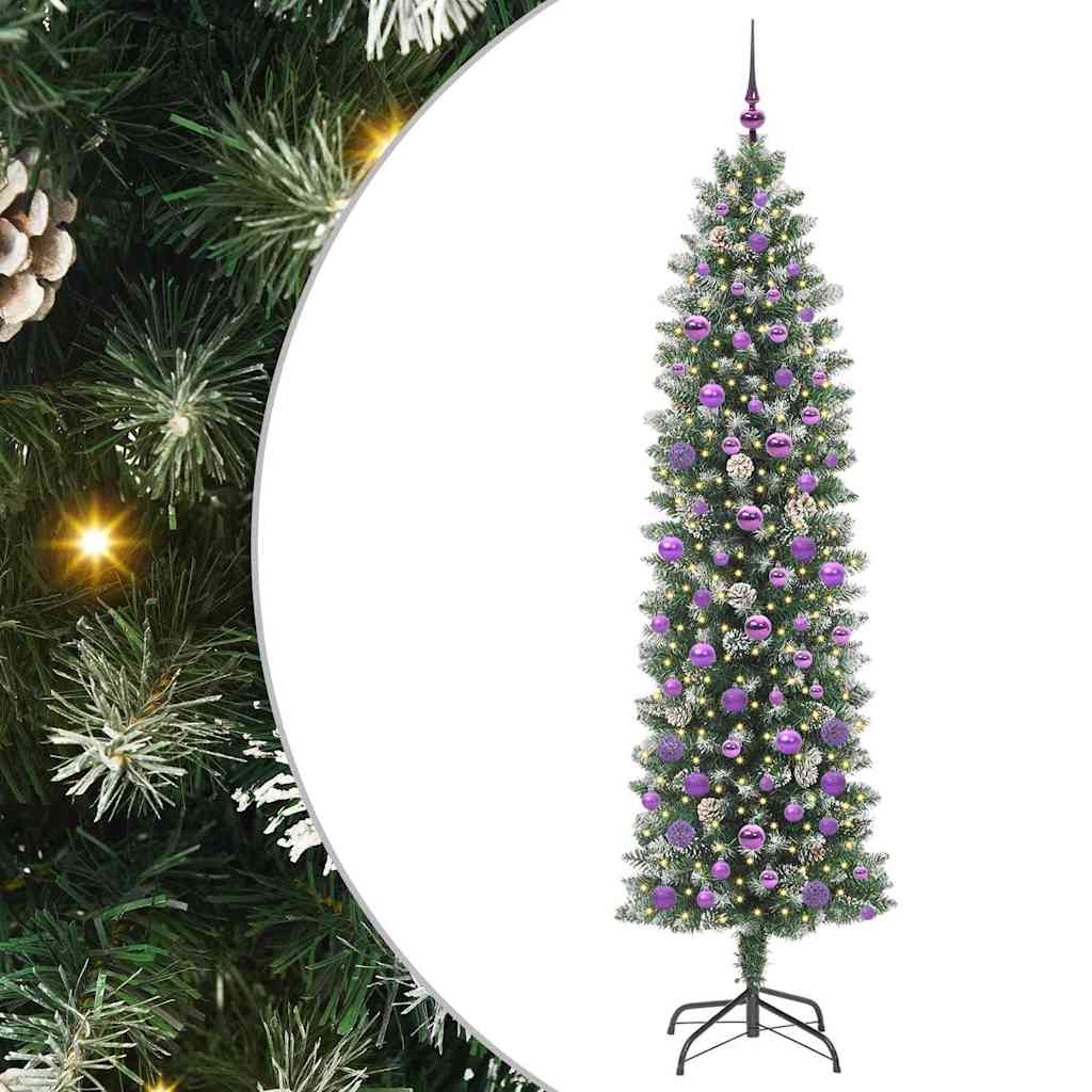 Kunstmatige slanke kerstboom met 300 LED Groen en wit 210 cm