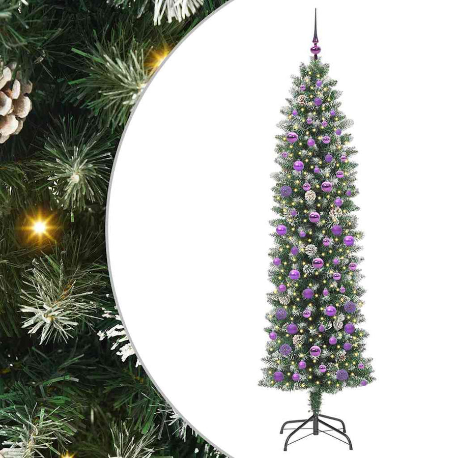 Kunstmatige slanke kerstboom met 300 LED Groen en wit 210 cm
