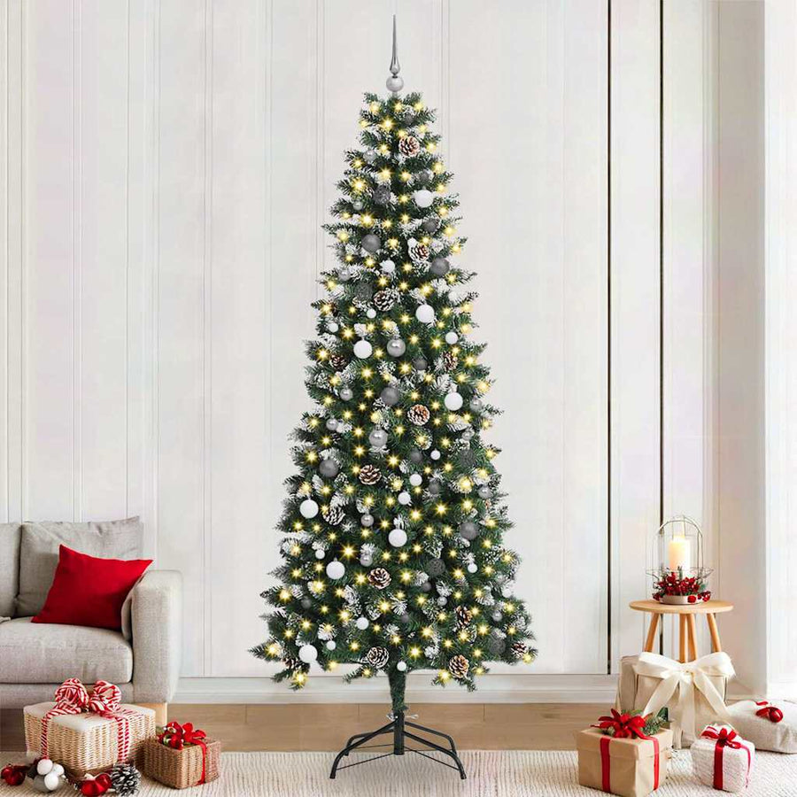 Kunstkerstboom Met 300 Led Groen Pvc En Plastic En Staal 240 cm met LED's en witte/grijze ballen