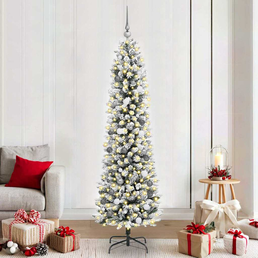 Kunstkerstboom Met 300 Led Wit Pvc En Metaal En Plastic 210 cm met LEDs en witte/grijze ballen