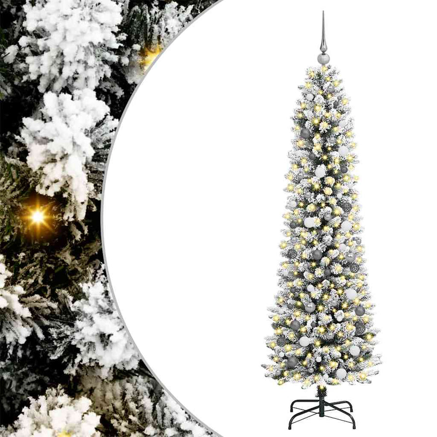 Kunstkerstboom Met 300 Led Wit Pvc En Metaal En Plastic 210 cm met LEDs en witte/grijze ballen