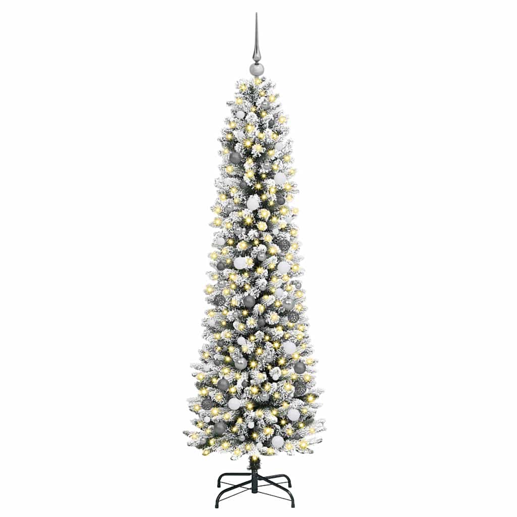 Kunstkerstboom Met 300 Led Wit Pvc En Metaal En Plastic 210 cm met LEDs en witte/grijze ballen