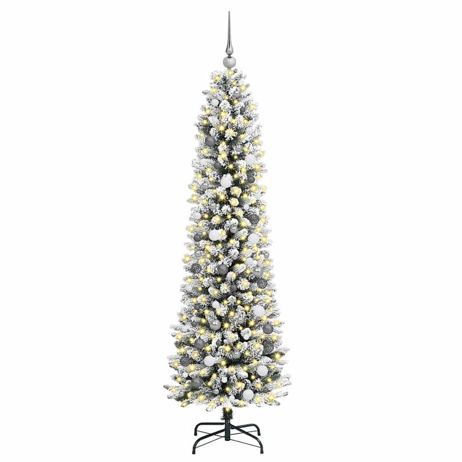 Kunstkerstboom Met 300 Led Wit Pvc En Metaal En Plastic 210 cm met LEDs en witte/grijze ballen