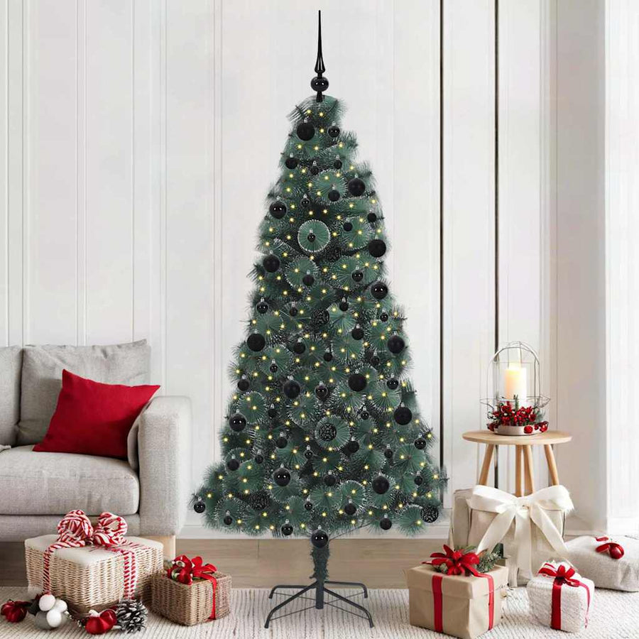 Kunst kerstboom met verlichting en ballenset Groen 210 cm PET