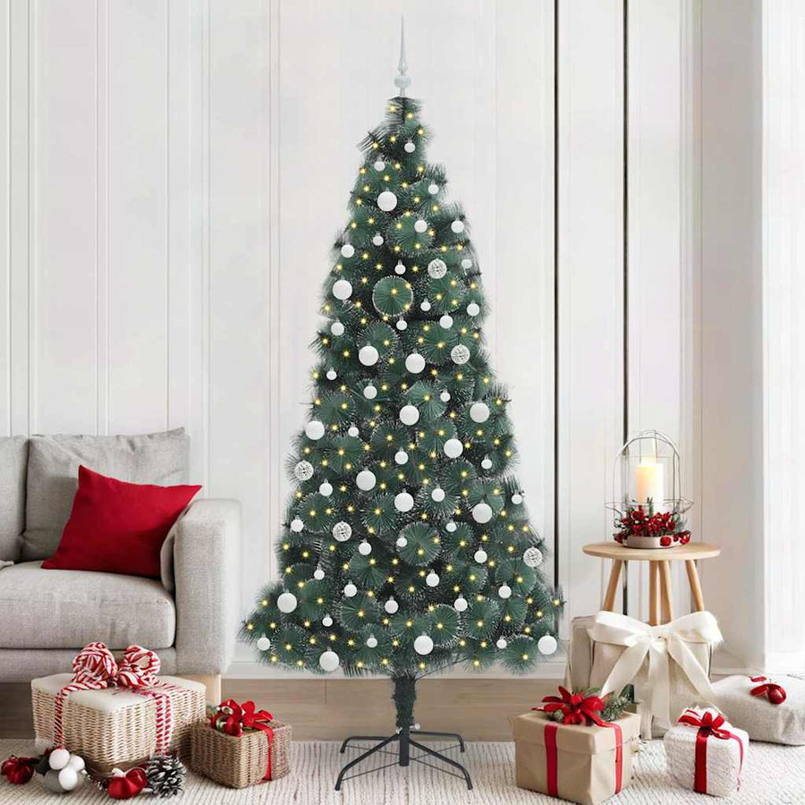 Kunstmatige voorverlichte kerstboom met ballenset Groen 210 cm