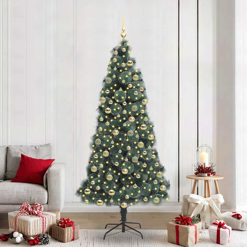 Kunstmatige voorverlichte kerstboom met ballenset Groen 210 cm