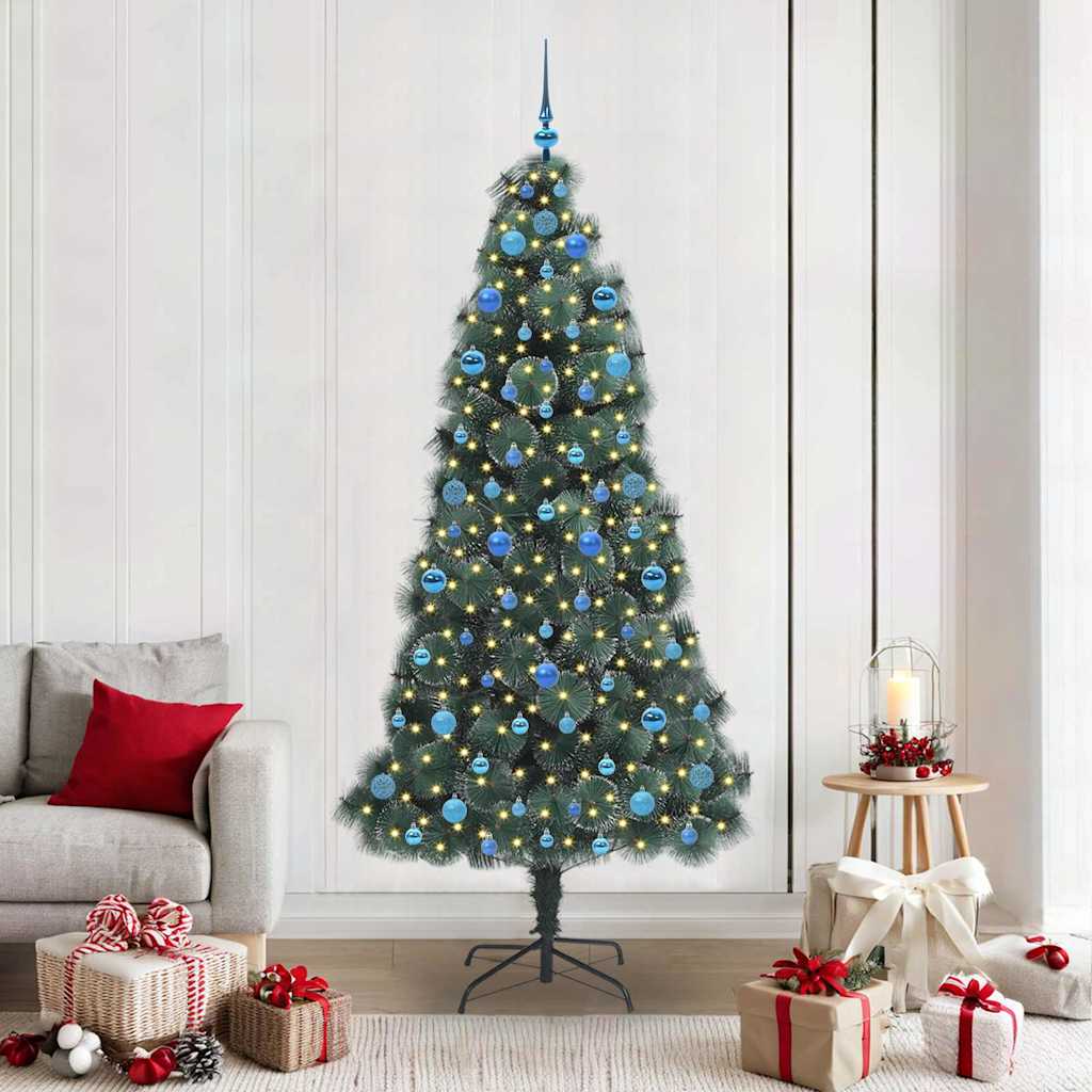 Kunstmatige voorverlichte kerstboom met ballenset Groen 210 cm