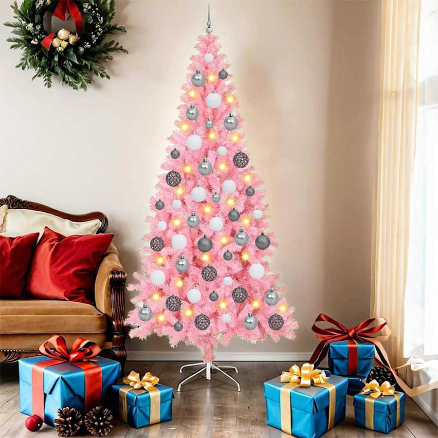 Kerstboom Met 300 Led Met Standaard Pvc Roze 180 cm met LEDs en witte/grijze ballen