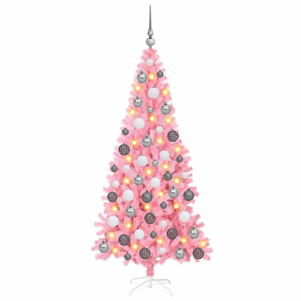 Kerstboom Met 300 Led Met Standaard Pvc Roze 180 cm met LEDs en witte/grijze ballen
