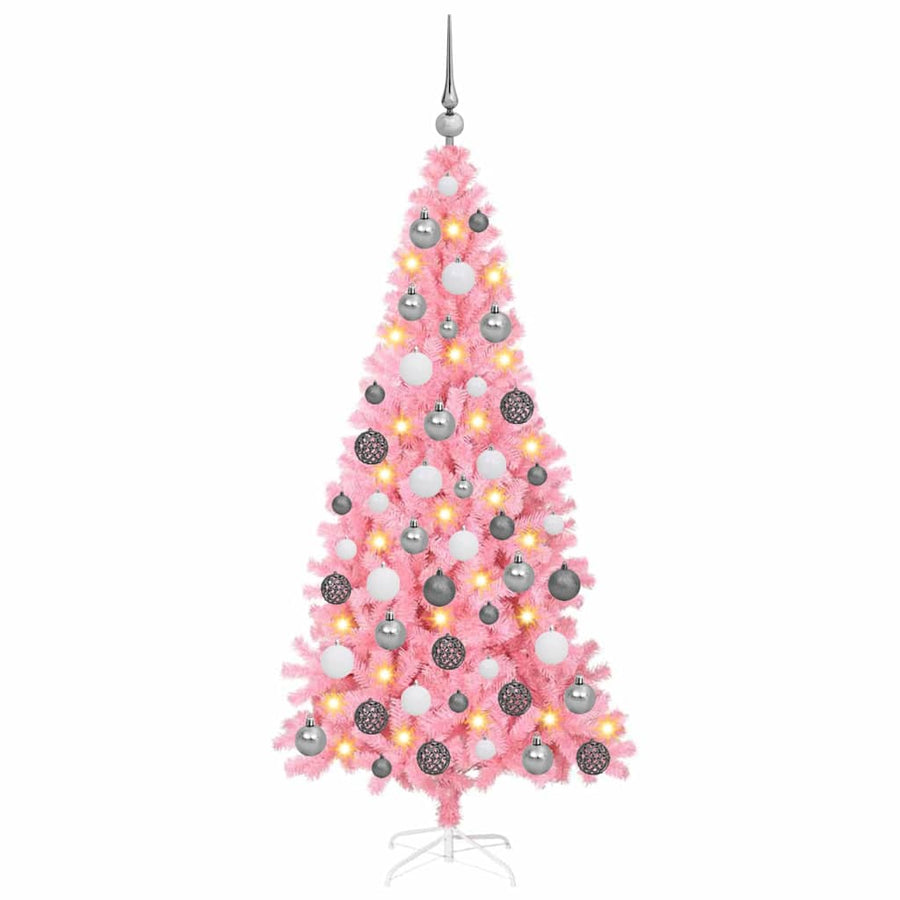 Kerstboom Met 300 Led Met Standaard Pvc Roze 180 cm met LEDs en witte/grijze ballen