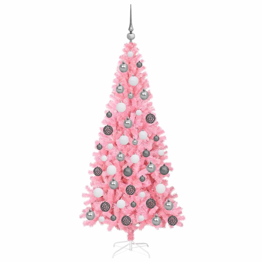 Kerstboom Met 300 Led Met Standaard Pvc Roze 180 cm met LEDs en witte/grijze ballen