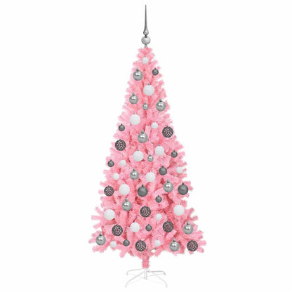 Kerstboom Met 300 Led Met Standaard Pvc Roze 180 cm met LEDs en witte/grijze ballen