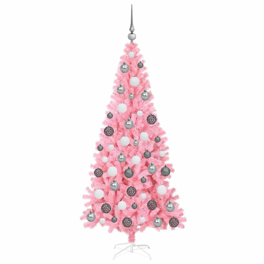 Kerstboom Met 300 Led Met Standaard Pvc Roze 180 cm met LEDs en witte/grijze ballen