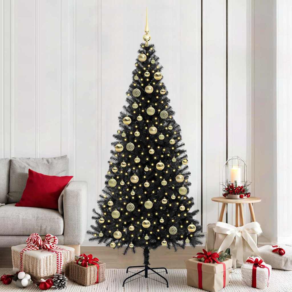 Kerstboom Met 300 Led Met Standaard Pvc Zwart 210 cm met LED's &gouden ballen