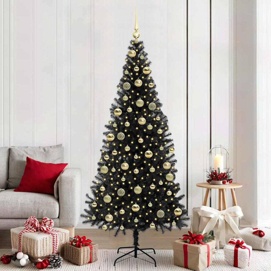 Kerstboom Met 300 Led Met Standaard Pvc Zwart 210 cm met LED's &gouden ballen