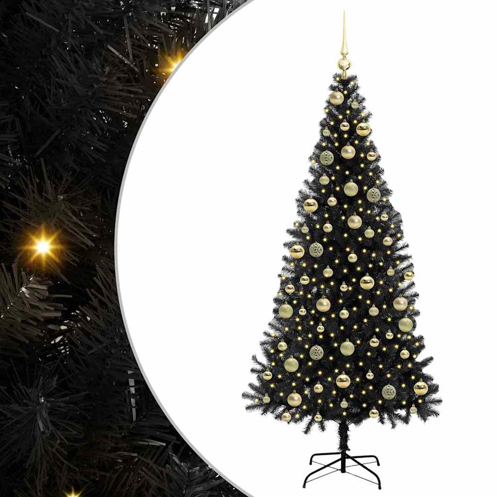 Kerstboom Met 300 Led Met Standaard Pvc Zwart 210 cm met LED's &gouden ballen