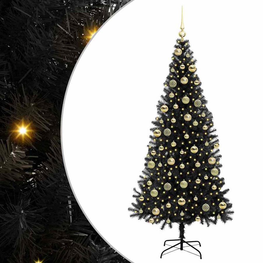 Kerstboom Met 300 Led Met Standaard Pvc Zwart 210 cm met LED's &gouden ballen