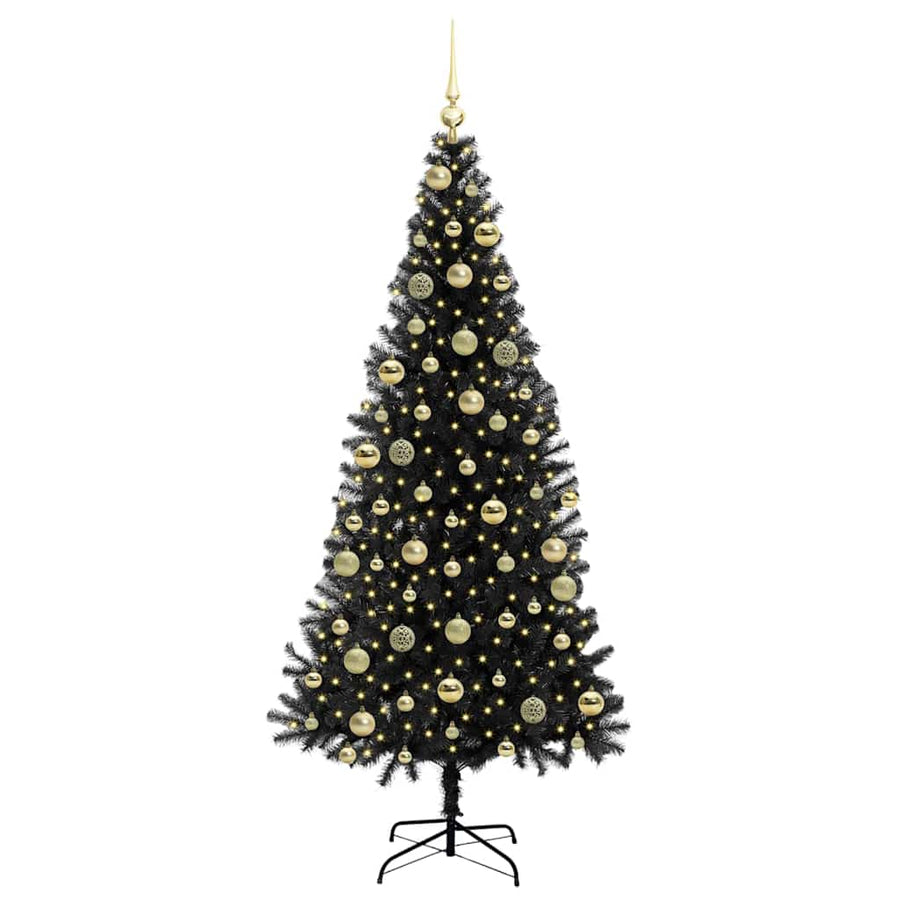 Kerstboom Met 300 Led Met Standaard Pvc Zwart 210 cm met LED's &gouden ballen