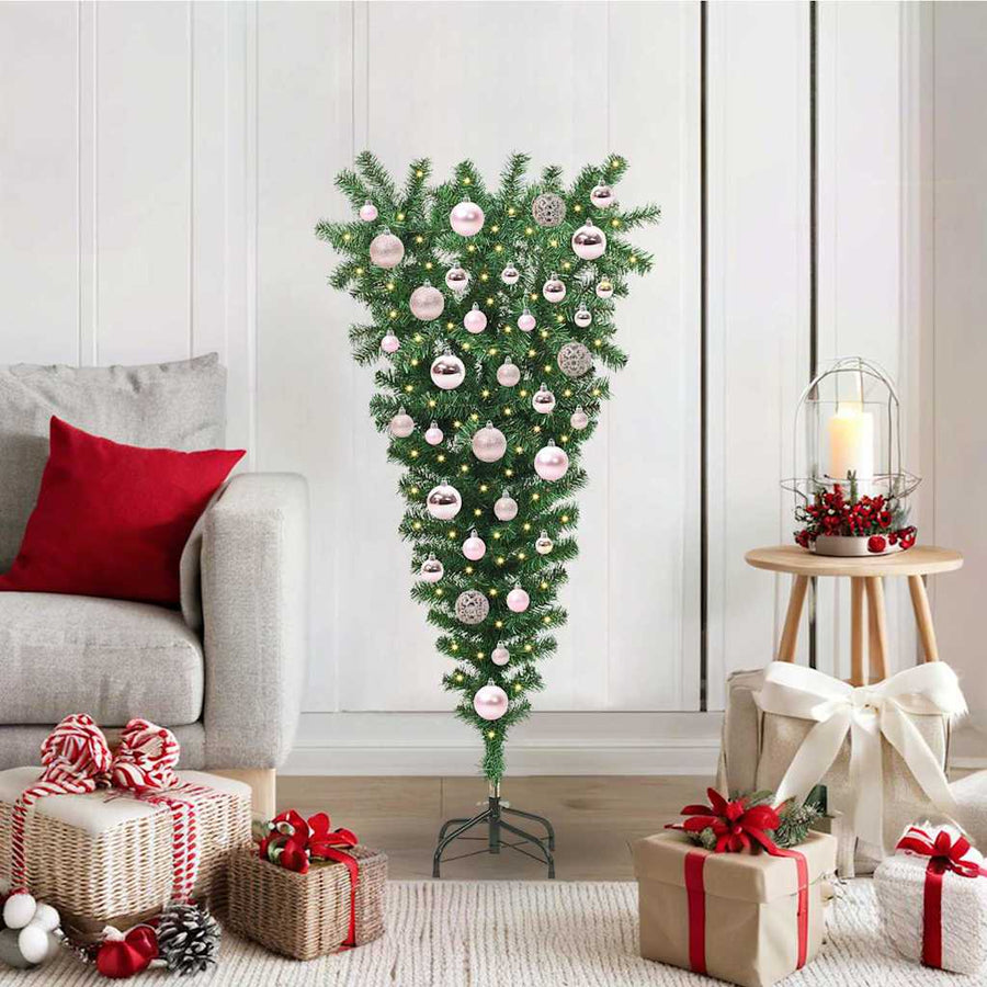 Ondersteboven Kunstkerstboom met Ballenset Groen 120 cm PVC
