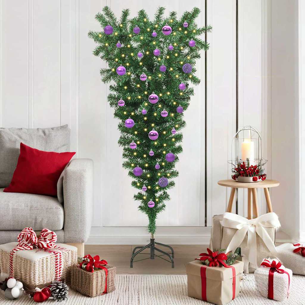 Ondersteboven Kunstkerstboom met Ballenset Groen 150 cm PVC
