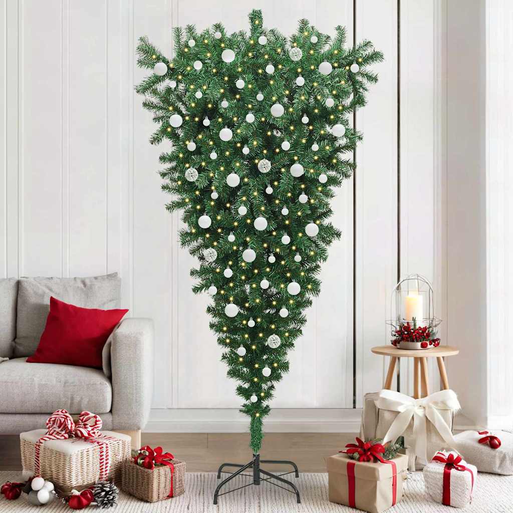 Ondersteboven Kunstkerstboom Met Verlichting En Ballen Set Pvc 210 x 110 cm