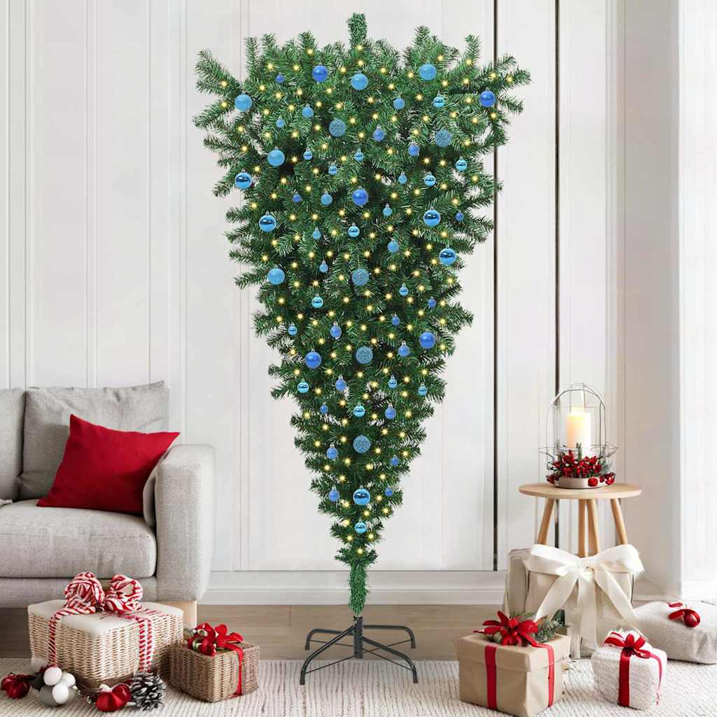 Ondersteboven Kunst Kerstboom Met Ballenset Groen 210 Cm Pvc 210 x 110 cm