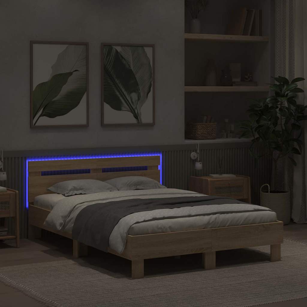 Bedframe met LED Sonoma 137 x 190 cm Bewerkt hout