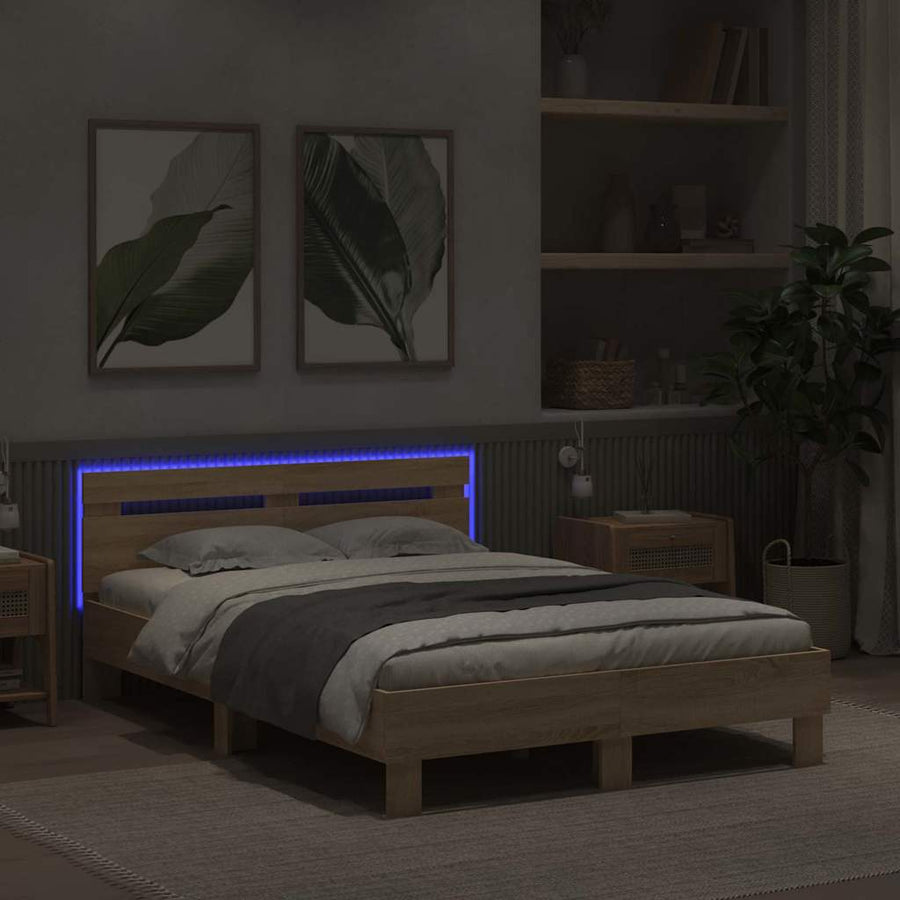 Bedframe met LED Sonoma 137 x 190 cm Bewerkt hout