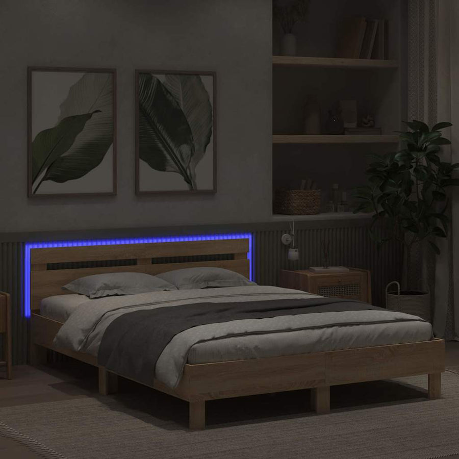 Bedframe met LED Sonoma 152 x 203 cm Bewerkt hout