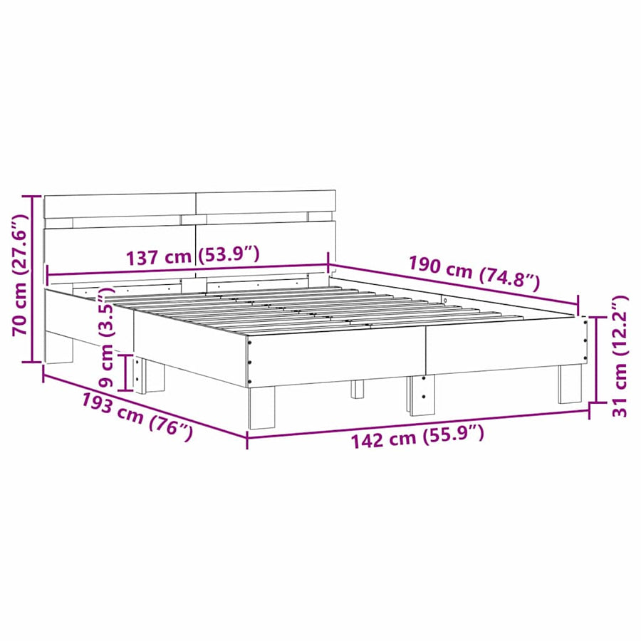 Bedframe met LED met hoofdeinde Wit 137 x 190 cm Bewerkt hout