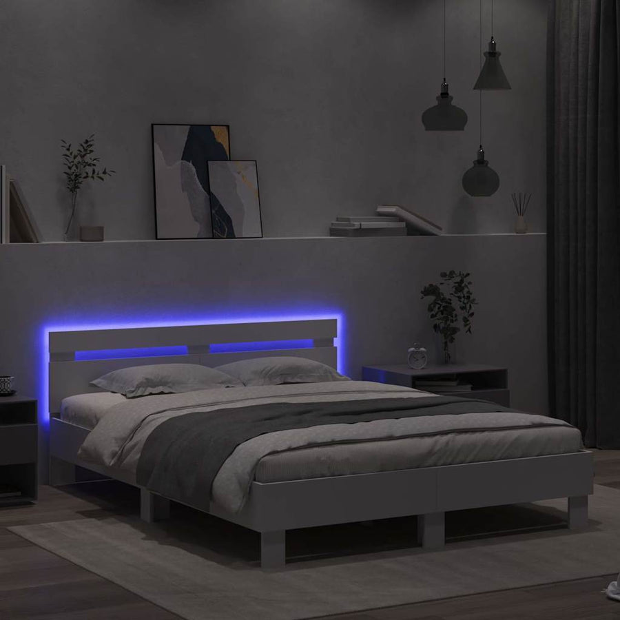 Bedframe met LED met hoofdeinde Wit 152 x 203 cm Bewerkt hout