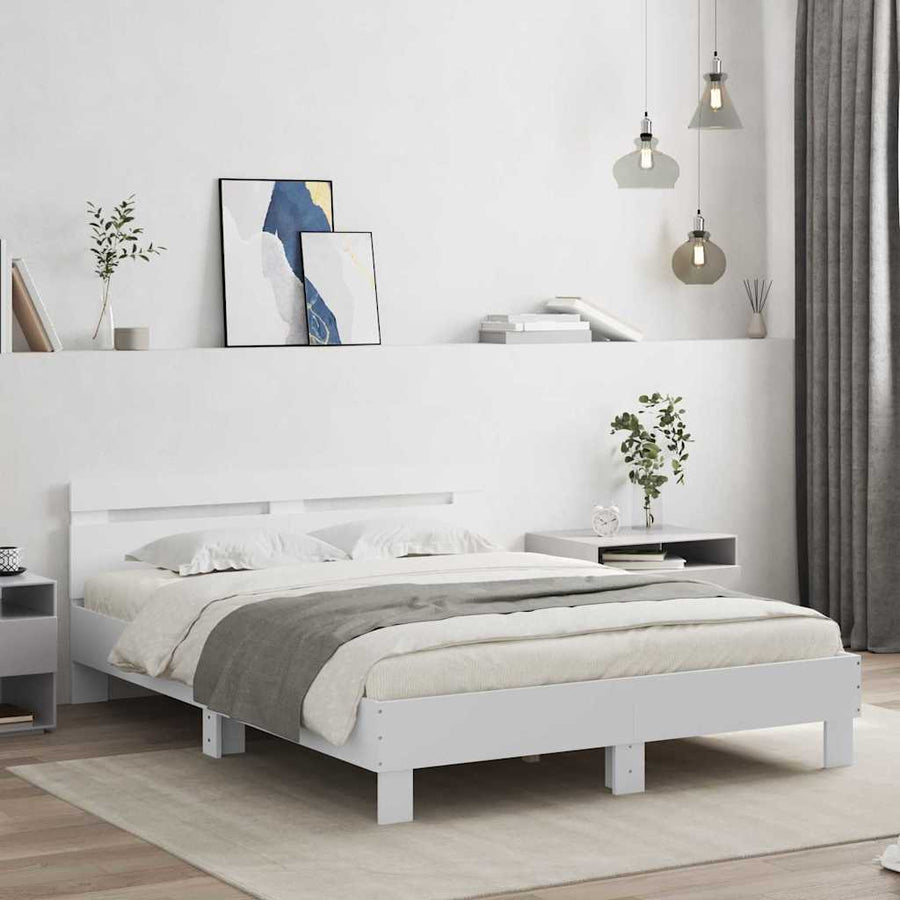 Bedframe met LED met hoofdeinde Wit 152 x 203 cm Bewerkt hout