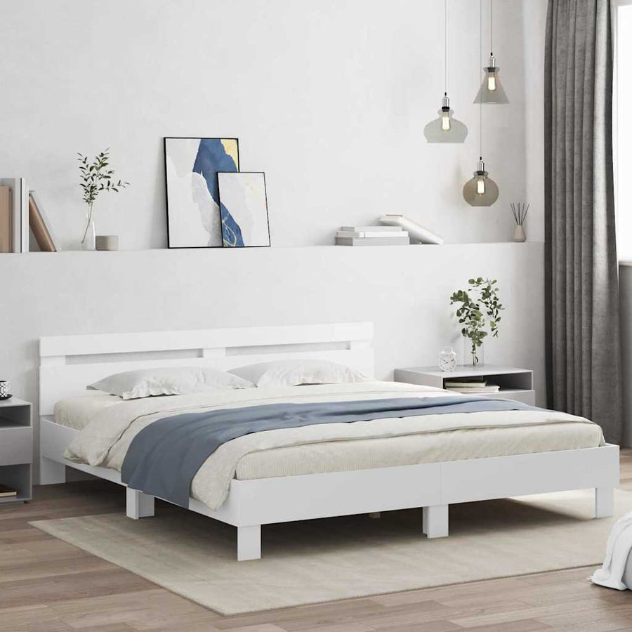 Bedframe met LED met hoofdeinde Wit 193 x 203 cm Bewerkt hout