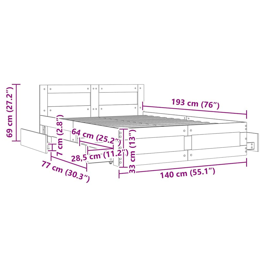 Bedframe met hoofdeinde 2 pcs Wit 137 x 188 cm Bewerkt hout