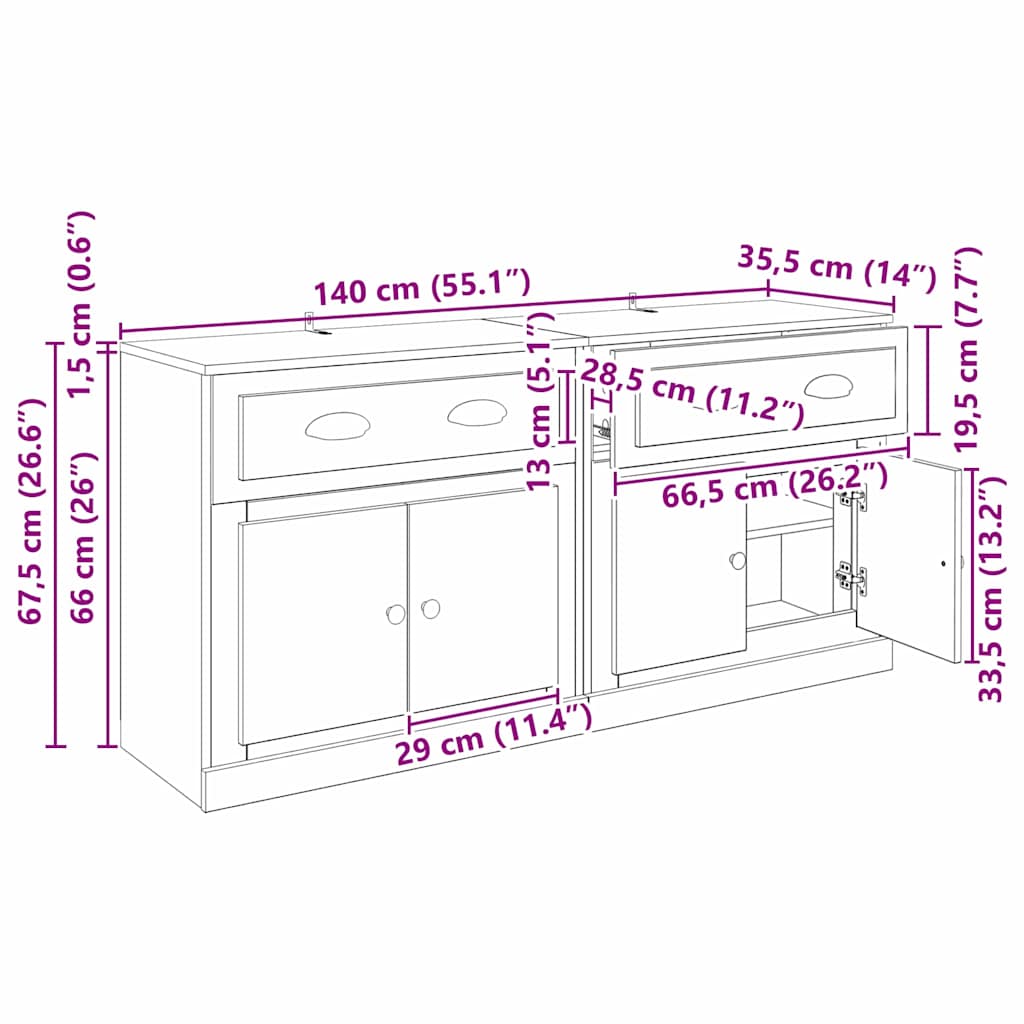 Dressoirs 2 pcs Oud Hout 70 x 35,5 x 67,5 cm Bewerkt hout