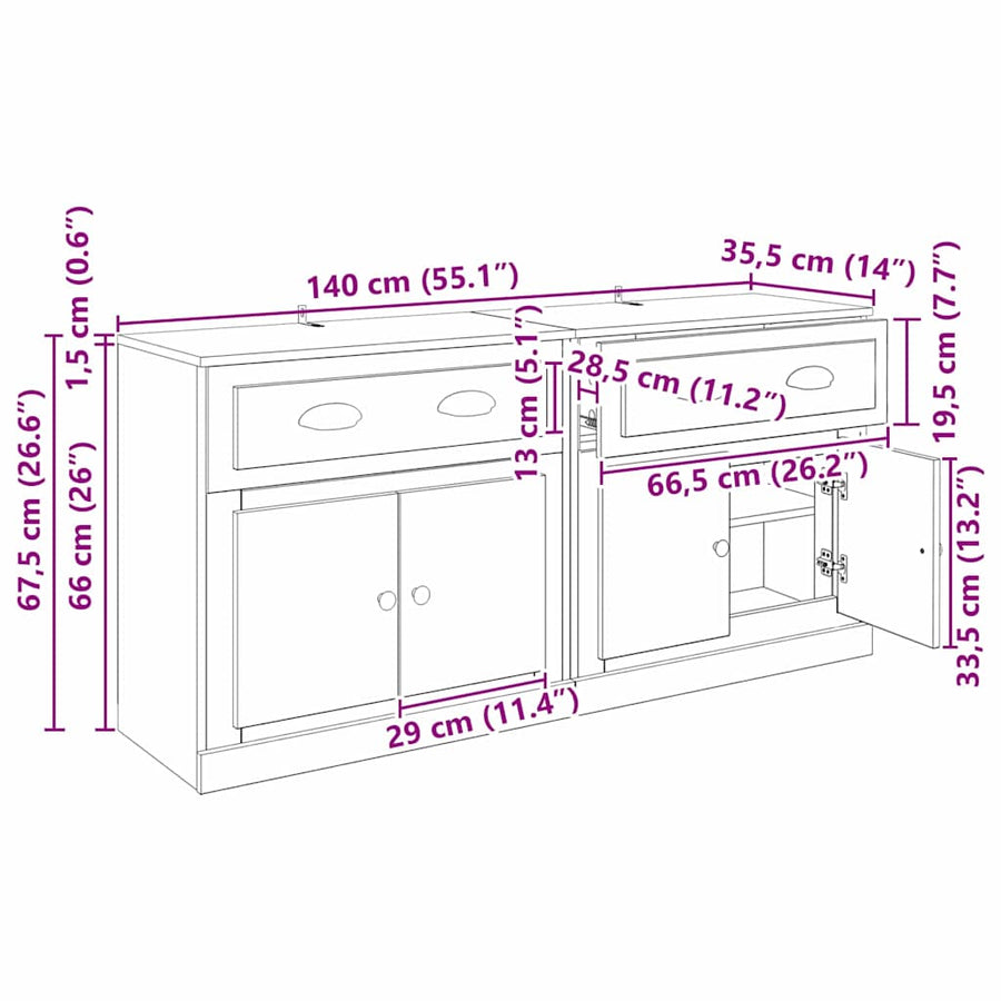 Dressoirs 2 pcs Oud Hout 70 x 35,5 x 67,5 cm Bewerkt hout