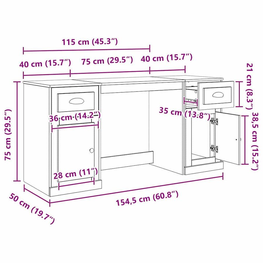 Bureau met kast Zwart Eiken 154,5 x 50 x 75 cm Bewerkt hout