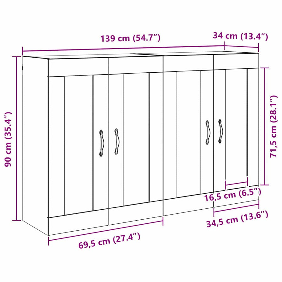 Wandkasten 2 pcs Zwart Eiken 69,5 x 34 x 90 cm Bewerkt hout