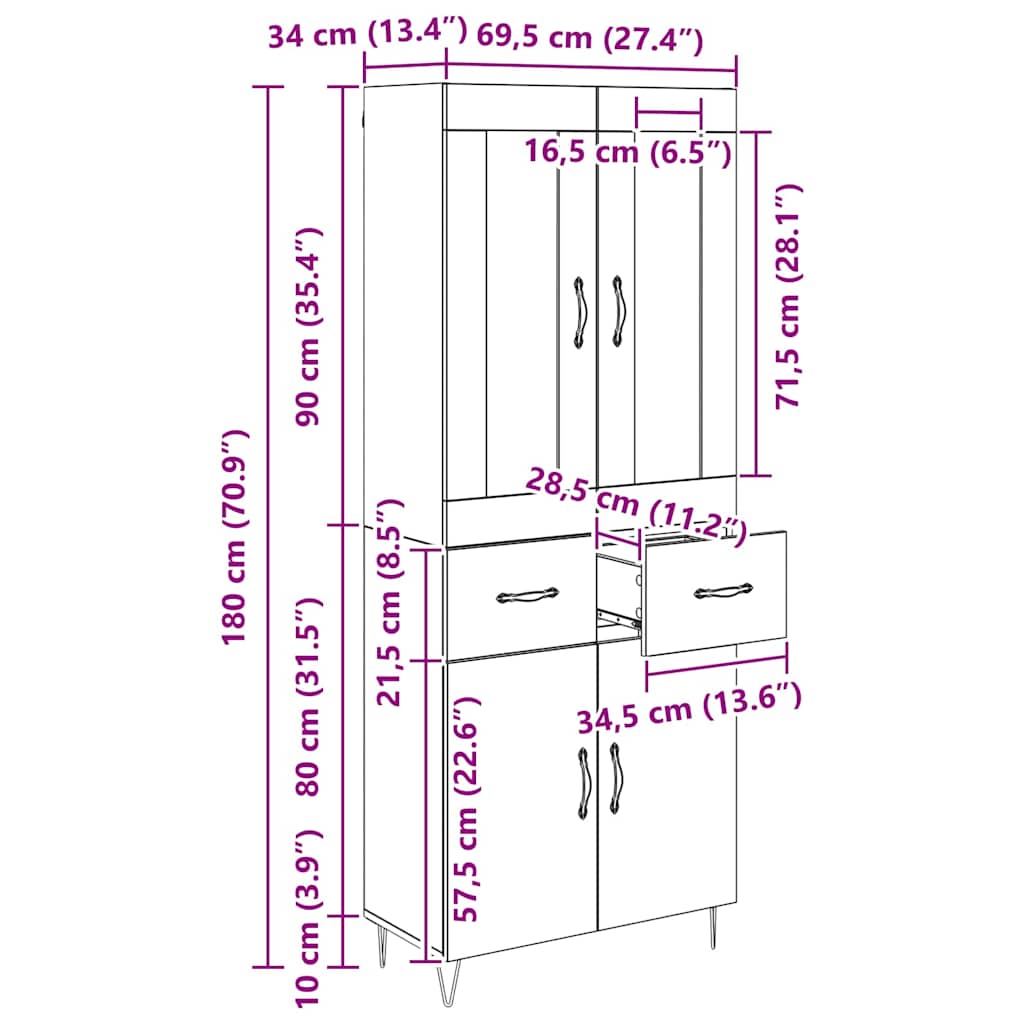 Highboard met lade Zwart Eiken 69,5 x 34 x 180 cm Bewerkt hout