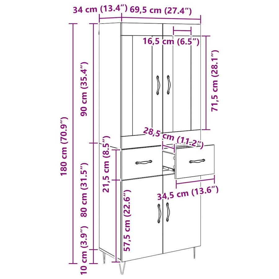 Highboard met lade Zwart Eiken 69,5 x 34 x 180 cm Bewerkt hout