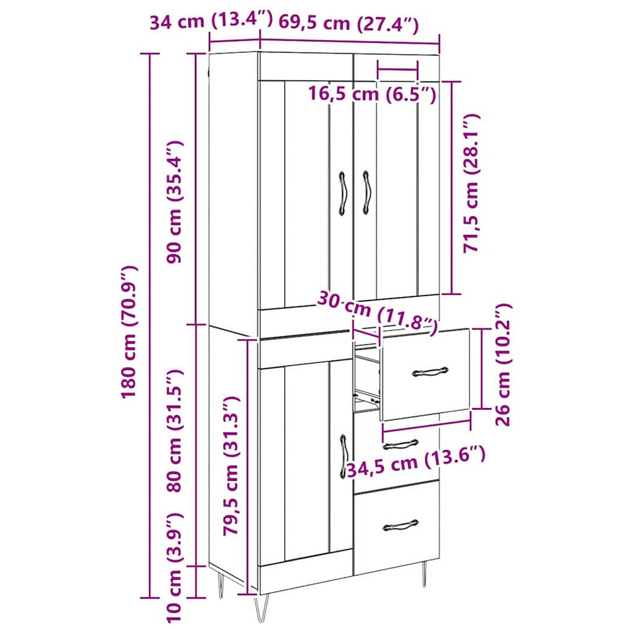 Highboard met lade Zwart Eiken 69,5 x 34 x 180 cm Bewerkt hout