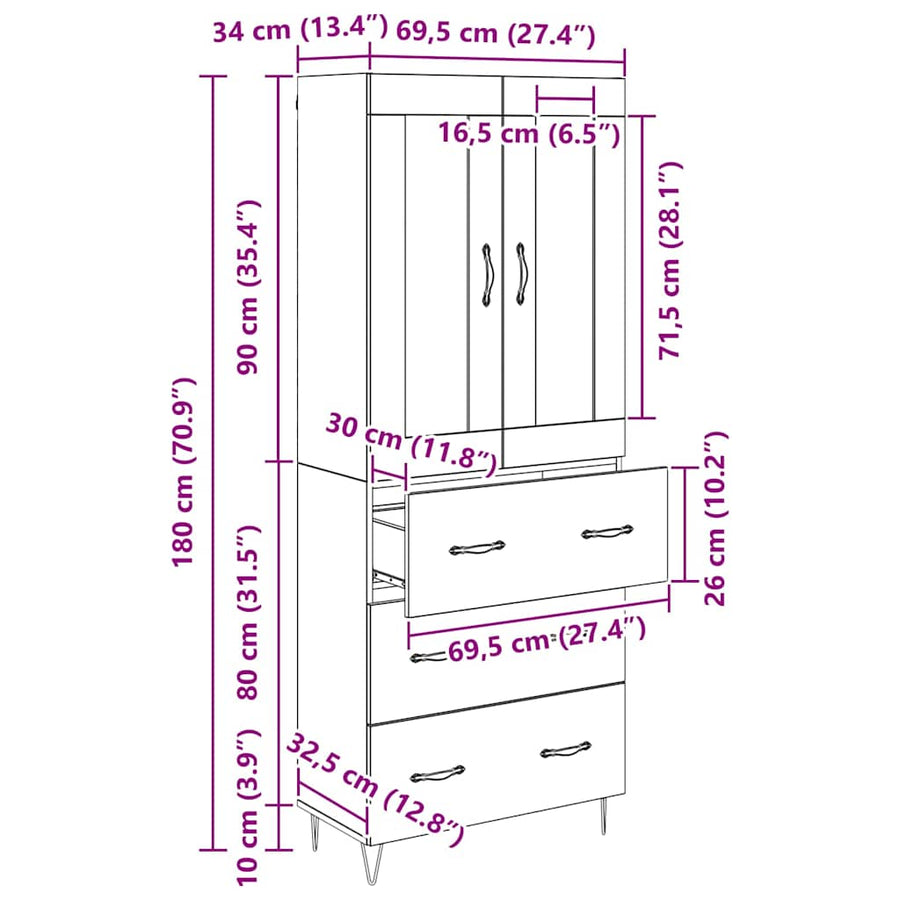 Highboard met lade Zwart Eiken 69,5 x 34 x 180 cm Bewerkt hout