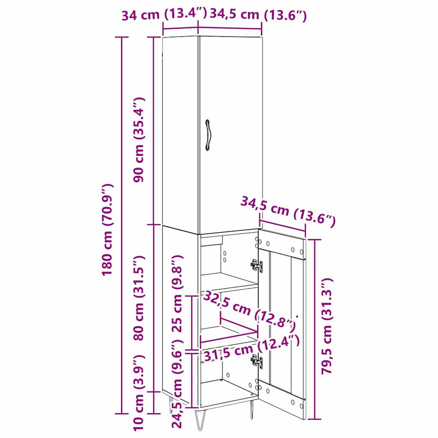 Highboard Oud hout 69,5 x 34 x 180 cm Bewerkt hout
