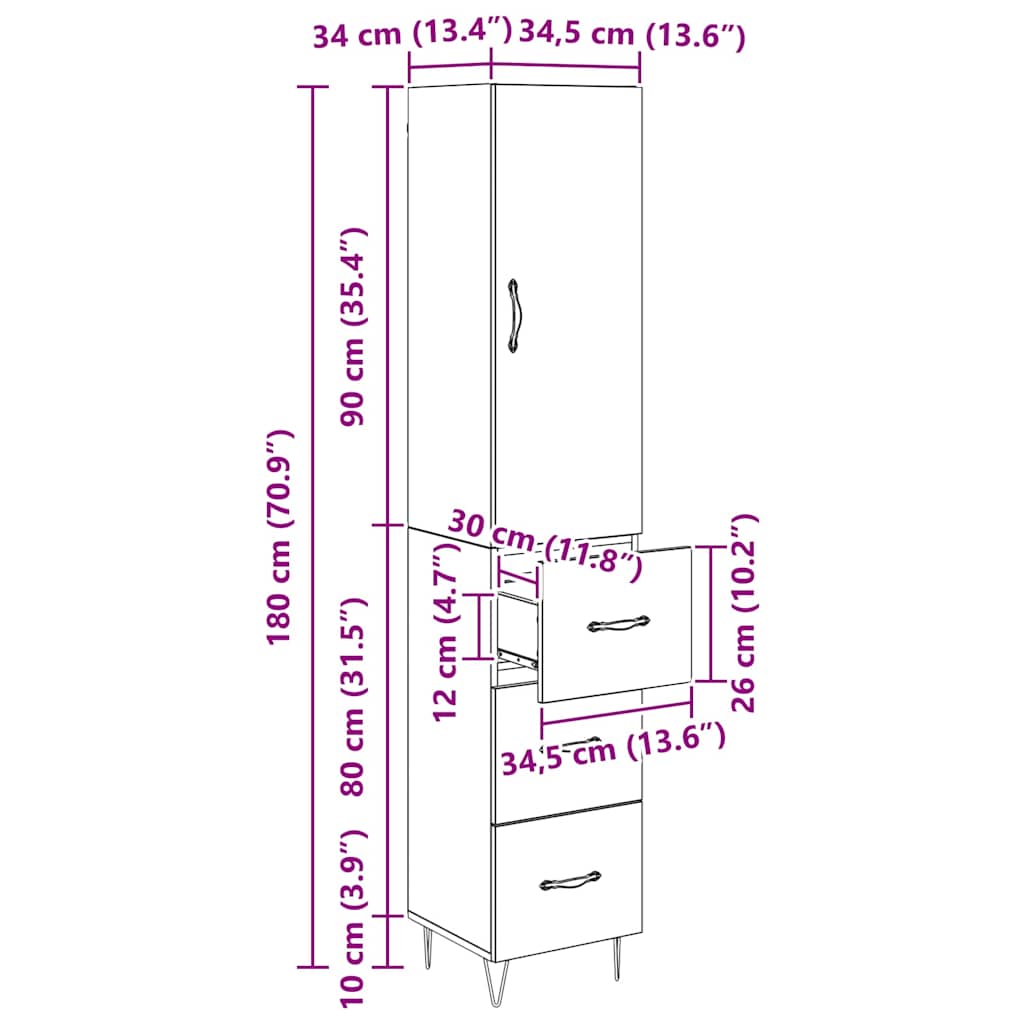 Highboard met lade Zwart Eiken 69,5 x 34 x 180 cm Bewerkt hout