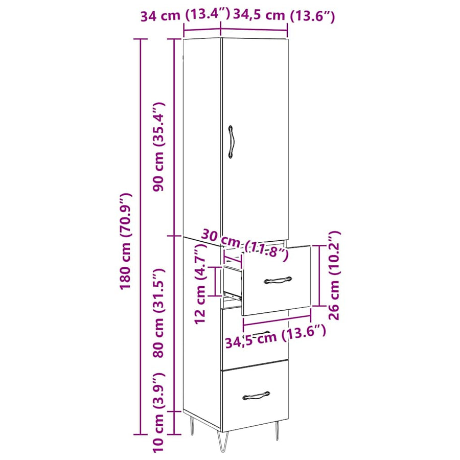 Highboard met lade Zwart Eiken 69,5 x 34 x 180 cm Bewerkt hout